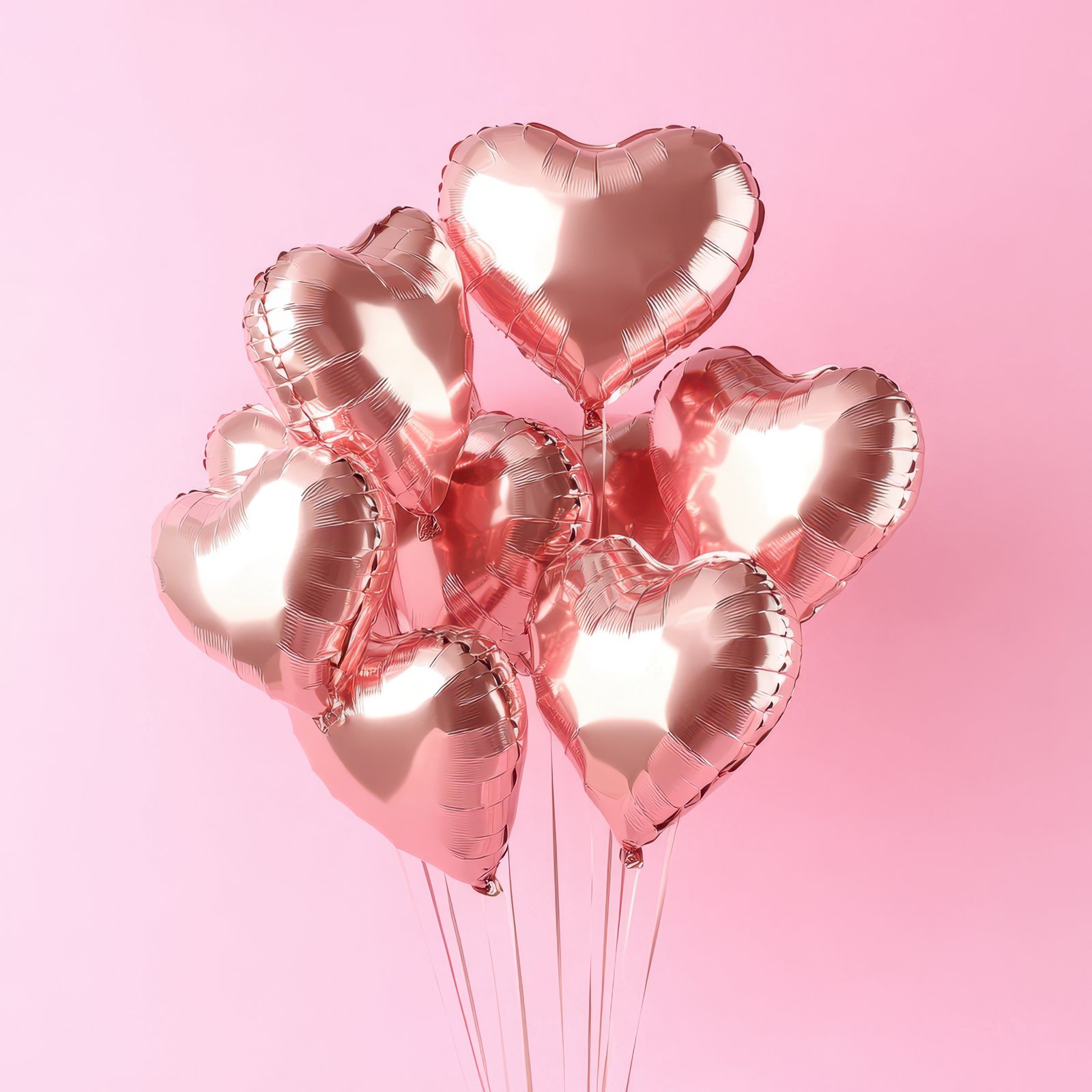 Heart-shaped balloons in rose gold color arranged against a pink background for celebrations and special occasions